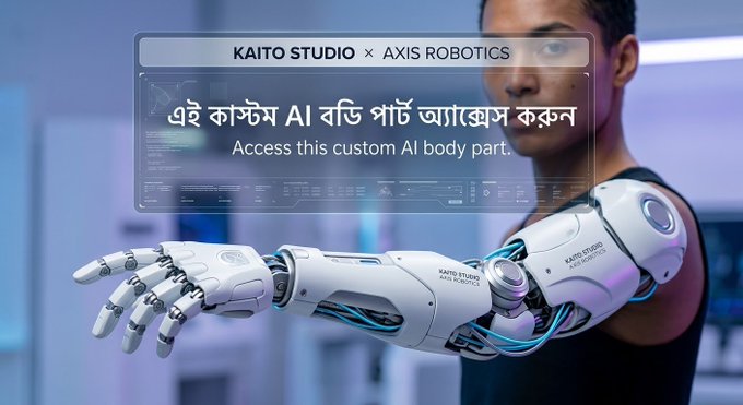 a sci-fi promotional image for 'KAITO STUDIO x AXIS ROBOTICS' showing a white robotic arm, with text including 'Access this custom AI body part.' in English and Bengali.