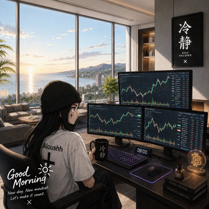 An anime-style illustration shows a figure named "Aloushh" working at a multi-monitor trading setup with Bitcoin, while text reads "Good Morning - New day. New mindset. Let's make it count" and "冷静 STAY FOCUSED."