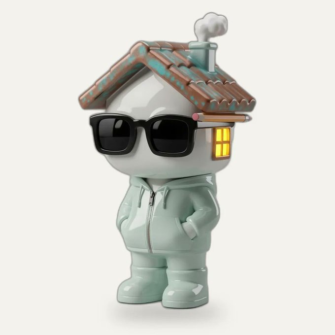 A cute 3D cartoon character with a house for a head—complete with a tiled roof, smoking chimney, and glowing window—wearing sunglasses and a mint green hoodie. The cozy home-themed avatar fits the welcoming vibe of joining a community chat.