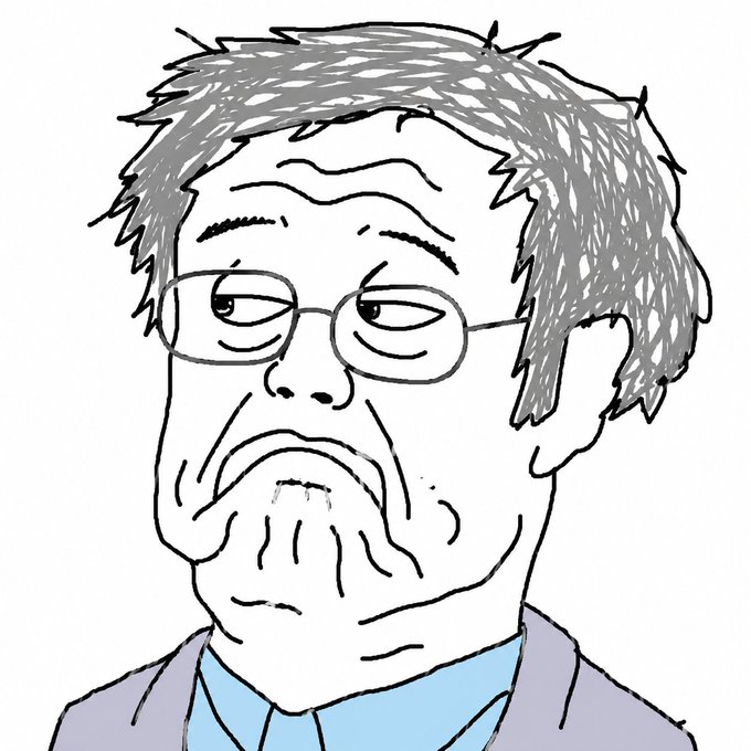 A hand-drawn cartoon illustration depicts a man with messy gray hair, glasses, and a weary expression wearing a blue shirt and gray jacket.