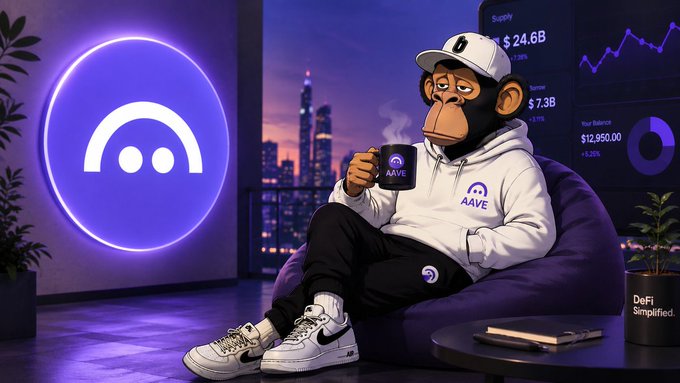 An anthropomorphic monkey wearing Aave-branded apparel relaxes in a beanbag chair holding an Aave mug, set against a purple neon-lit backdrop displaying DeFi stats including Supply $24.6B, Borrow $7.3B, and Total Balance $12,950.00. The relaxed, contemplative scene visually reinforces the post's message about DeFi lending putting idle money to work without sacrificing ownership.