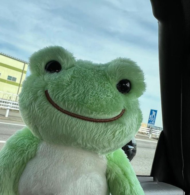 A green plush frog toy with a stitched smile sits in a vehicle, looking out a window toward a road with a blue sign.