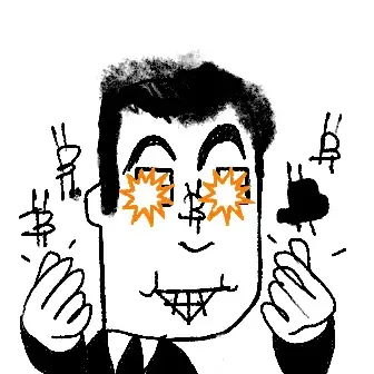 A black and white cartoon drawing of a smiling man with starry orange sunglasses, holding up both hands with middle fingers extended, with dollar signs floating around his head.