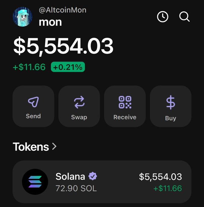 A crypto wallet interface showing the account "@AltcoinMon" with a balance of $5,554.03, featuring action buttons (Send, Swap, Receive, Buy) and displaying 72.90 SOL (Solana) tokens—a fitting visual to illustrate a Solana wallet holding example.