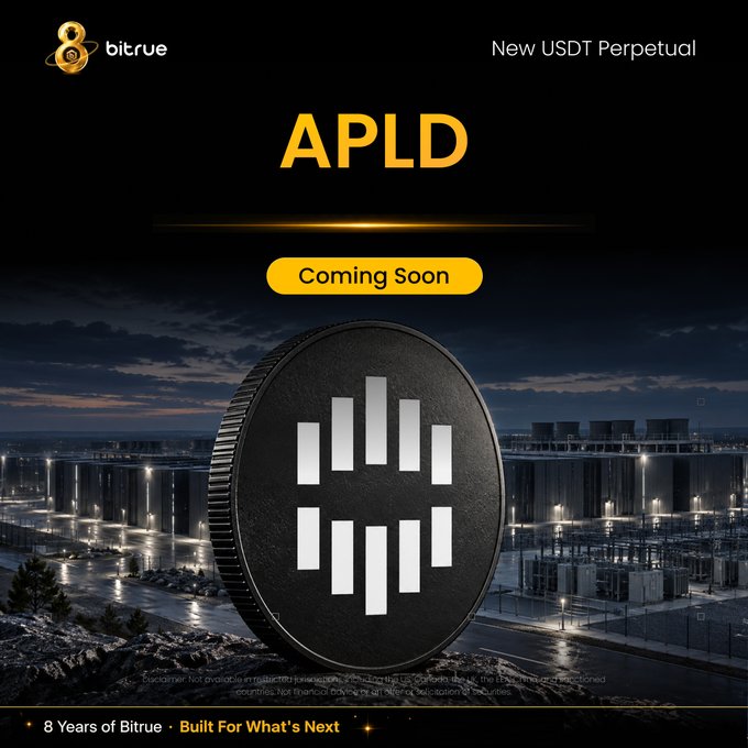 Bitrue promotional graphic announcing the upcoming launch of APLD/USDT Perpetual contract, featuring a stylized black and white APLD coin superimposed over an industrial data center facility, with "Coming Soon" button and "8 Years of Bitrue - Built For What's Next" tagline.