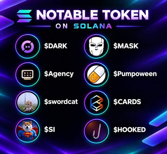 A neon-themed promotional graphic titled "NOTABLE TOKEN ON SOLANA" displays eight circular logos paired with their corresponding tickers: $DARK, $MASK, $Agency, $Pumpoween, $wordcat, $CARDS, $SI, and $HOOKED, against a dark purple and blue gradient background. The image visually highlights the listed tokens from the accompanying post, which promotes Solana meme coins including DarkSwap, Agency, Swordcat, SuperInuMemes, NullMask, and Pumpoween with their social handles.