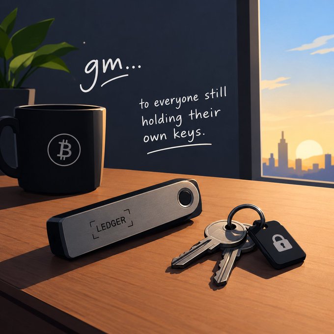 A stylized illustration showing a Bitcoin mug, a Ledger hardware wallet, and keys on a desk, with handwritten text reading 'gm... to everyone still holding their own keys.'