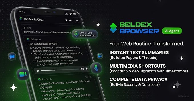 The image is a promotional graphic for "BELDEX BROWSER AI Agent," showing a smartphone displaying the Beldex AI Chat interface with a summary of a De-Fi paper, alongside the tagline "Your Web Routine, Transformed" and highlighted features: "INSTANT TEXT SUMMARIES (Bulletize Papers & Threads)," "MULTIMEDIA SHORTCUTS (Podcast & Video Highlights with Timestamps)," and "COMPLETE DATA PRIVACY (Built-in Security & Data Lock)." This directly supports the post by visually demonstrating the Beldex Browser's AI agent capability to summarize lengthy documents like research papers and threads, addressing the user's struggle with information overload.