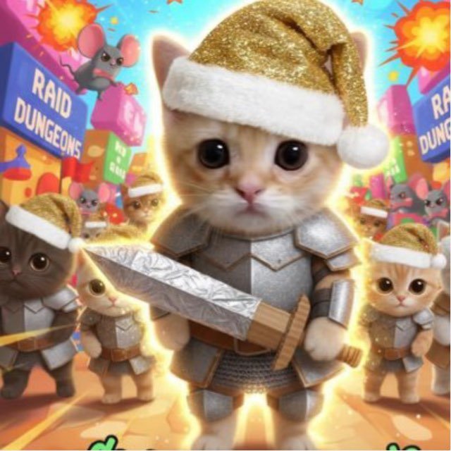 An illustration of a tabby cat dressed as a knight in silver armor with a gold Santa hat, holding a sword, surrounded by other similarly dressed cats in a 'Raid Dungeons' themed scene.