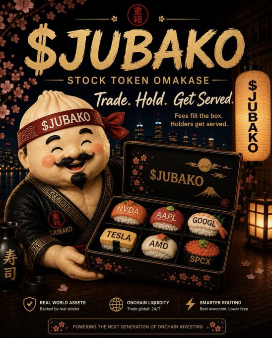 A stylized mascot chef wearing a "$JUBAKO" headband presents a black lacquered bento box filled with stock token-themed sushi pieces labeled "NVDA," "AAPL," "GOOGL," "TESLA," "AMD," and "SPCX," alongside the tagline "Trade. Hold. Get Served" and banners highlighting "Real World Assets," "Onchain Liquidity," and "Smarter Routing." The image visually reinforces the post's omakase (chef's choice) theme, showcasing $JUBAKO's menu of stock-backed token offerings while promoting its 4-hour serving cycle and RWA-focused investing model.