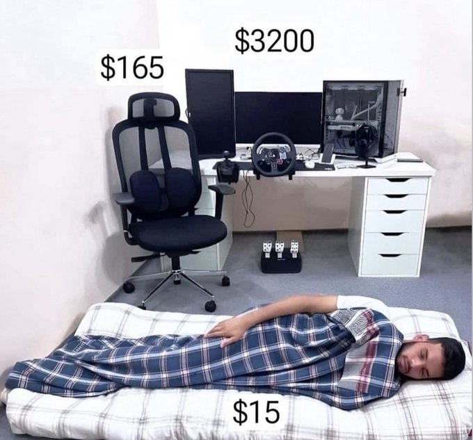 A meme-style image shows a sleeping person on a $15 mattress, contrasted with a $165 office chair and a $3200 elaborate gaming/PC desk setup behind them.
