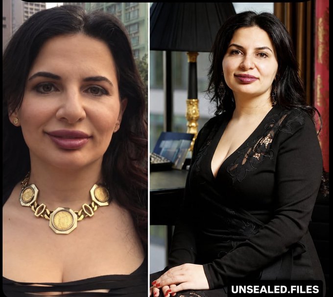 The image shows a side-by-side comparison of two photographs of a dark-haired woman wearing black attire and a distinctive gold necklace, with the watermark "UNSEALED FILES" visible in the bottom right corner. The post claims this is Ruja Ignatova, the "CryptoQueen" who allegedly stole billions through OneCoin and disappeared in 2017, with the images presented as part of an investigation into her whereabouts.