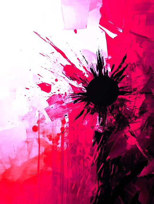 An abstract painting featuring a black splatter or explosion shape against a vibrant pink, red, and white background with visible brushstrokes.