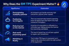 An infographic titled 'Why Does the 6M TPS Experiment Matter?' explaining the significance and benefits of handling high transaction throughput, including scalability potential, real-world processing speed, and marketing.