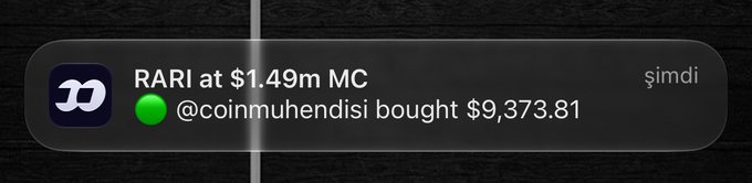 A notification showing 'RARI at $1.49m MC' with text '@coinmuhendisi bought $9,373.81' from the 'şimdi' channel.