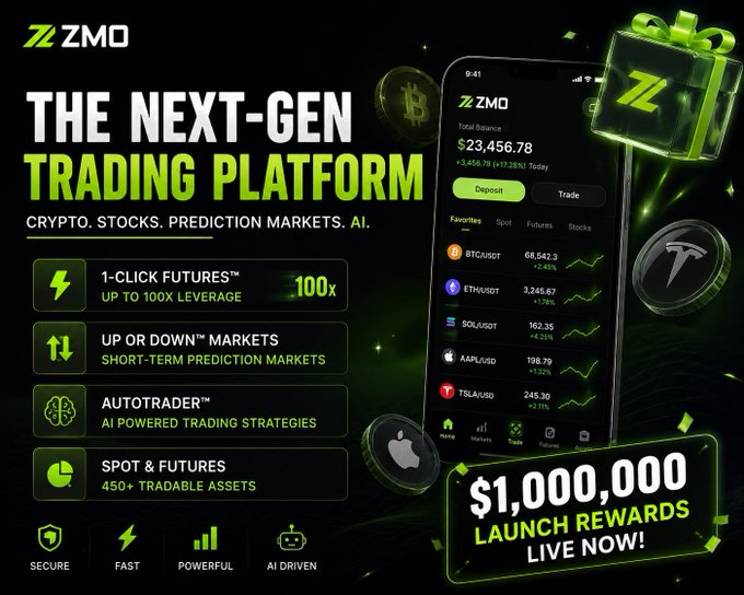 An advertisement for ZMO, a next-gen trading platform for crypto, stocks, prediction markets, and AI, featuring a $1,000,000 launch rewards promotion.