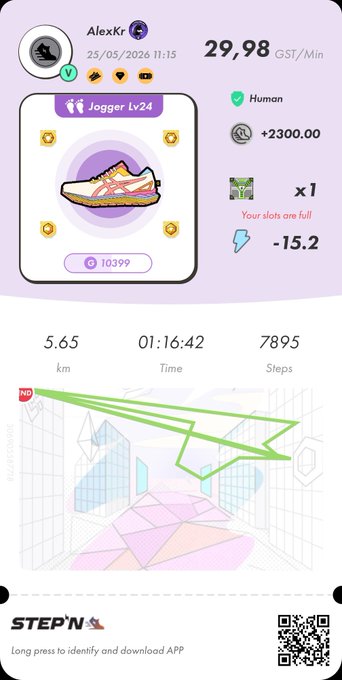 The image shows a purple and white shoe, possibly a sneaker or athletic shoe, displayed on a phone screen. The text on the screen reads "Daily run with #STEPN on BSC and SOL realm. Activation Code: 63453360". This suggests that the user is participating in a daily running challenge or tracking their runs using an app called StepN. The app provides information about the runner's progress, such as distance covered, calories burned, and steps taken.