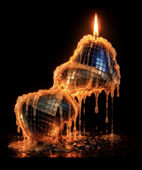 A disco ball candle melting dramatically in the dark, symbolizing the "melting away" of conventional NFT narratives as the candle's flame illuminates a new perspective on the Quantum Echo collection's value beyond art, community access, and speculation.