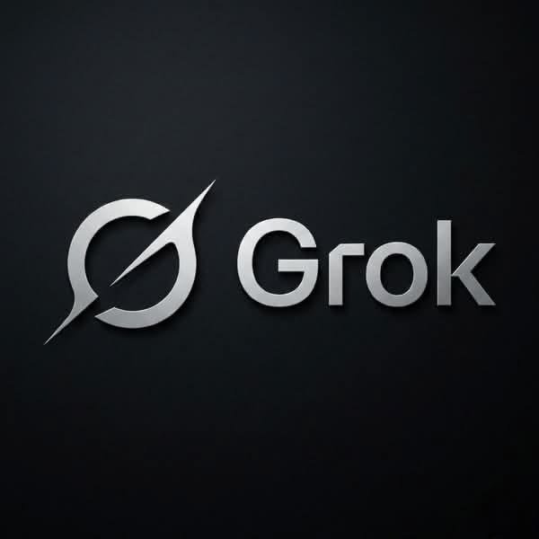 The Grok AI logo displayed in metallic silver on a dark gray background, featuring a stylized circular emblem with a slash through it.