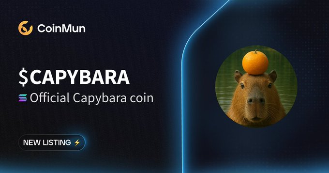 A promotional graphic for CoinMun featuring '$CAPYBARA' labeled as the 'Official Capybara coin' with a 'NEW LISTING' badge, showing a capybara with an orange on its head.