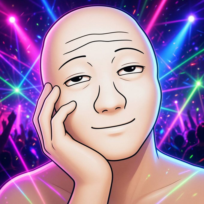 A digital illustration of a bald, smiling figure resting their face on their hand against a colorful concert stage background with laser lights.