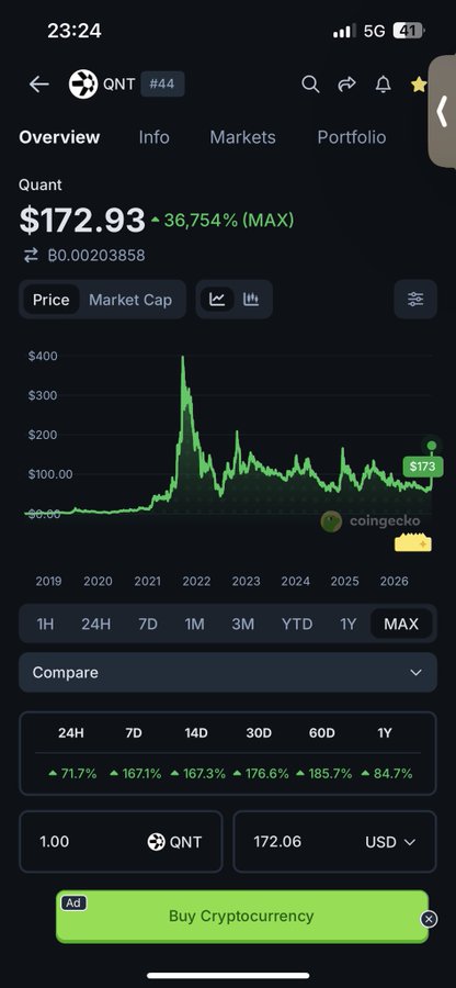 A screenshot from CoinGecko shows the QNT (Quant) cryptocurrency priced at $172.93, up 36,754%, with a chart displaying its dramatic peak in 2021 and subsequent decline.