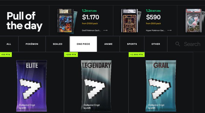 A screenshot of a trading card marketplace website showing a "Pull of the day" section with featured cards priced at $1,170 and $590, and category packs labeled "ELITE," "LEGENDARY," and "GRAIL."