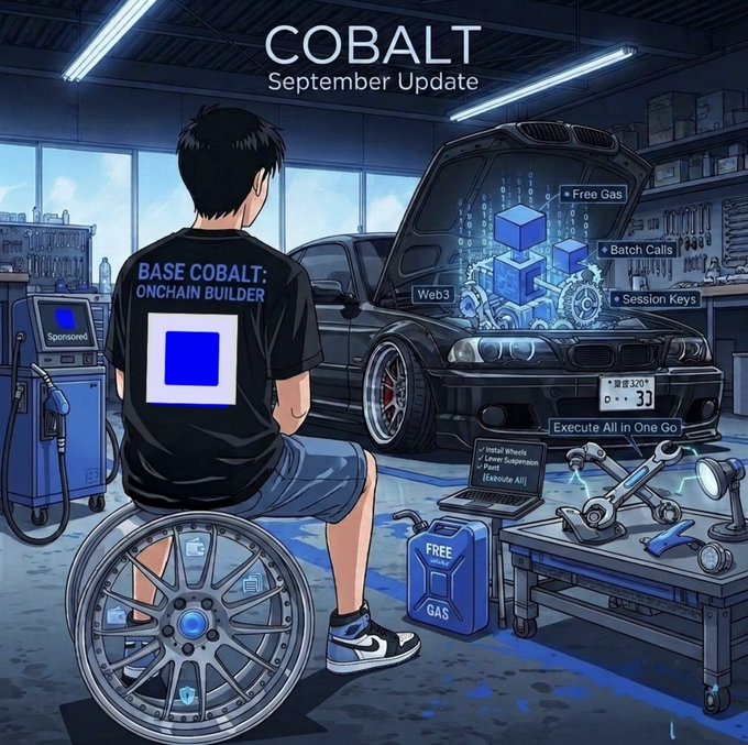 An anime-style mechanic sits on a tire wearing a "BASE COBALT: ONCHAIN BUILDER" shirt in a garage, working on a black BMW with a holographic engine display highlighting features like "Free Gas," "Batch Calls," and "Web3," alongside a "FREE GAS" jug and tools labeled "Execute All in One Go." The image visually represents Base's Cobalt September update, emphasizing the promised streamlined, gas-free onchain experience.