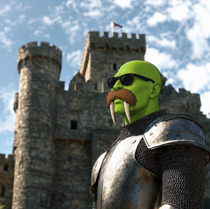 A 3D-rendered green-skinned orc warrior with tusks, a mustache, sunglasses, and chainmail armor stands before a stone castle under a blue cloudy sky.