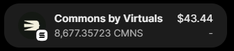 A digital wallet interface showing a token called 'Commons by Virtuals' (CMNS) with a balance of 8,677.35723 CMNS and a value of $43.44.