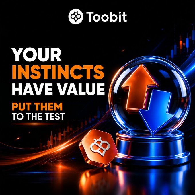 The Toobit promotional image features the tagline "YOUR INSTINCTS HAVE VALUE PUT THEM TO THE TEST" alongside a glowing crystal ball containing up and down arrows, a cryptocurrency coin, and trading chart visuals, tying directly into the post's message about turning market instincts into opportunities through Toobit's Prediction Market.