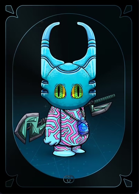 A vibrant illustration of a blue alien-like cartoon character with curved horns, green eyes, and a pink-and-purple patterned outfit, holding weapons.