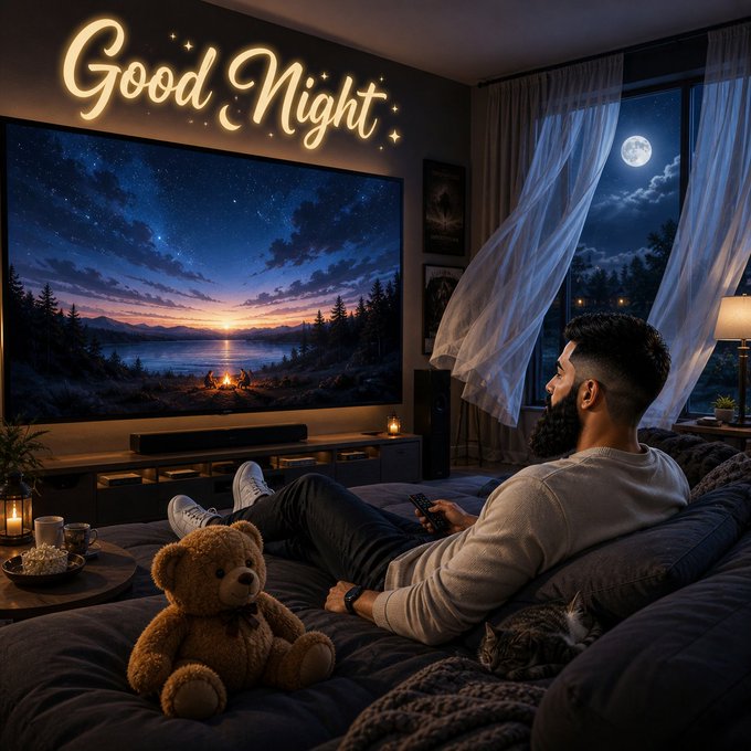 A man relaxes on a bed in a dark, cozy room, watching a scenic lake and campfire display on a large TV beneath a glowing 'Good Night' neon sign.