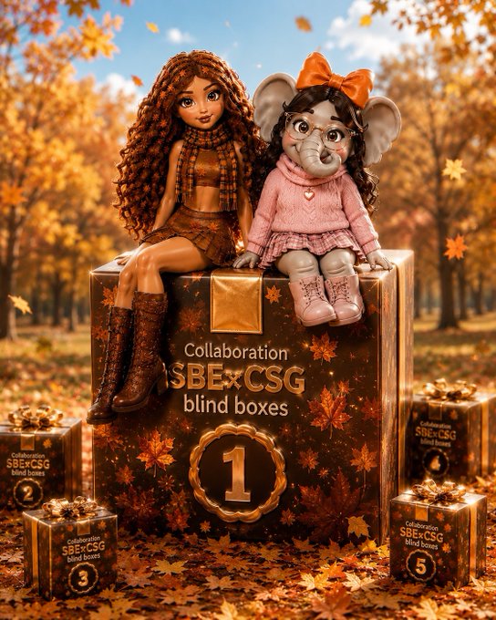 An autumn-themed promotional image showing two stylized figurines—one with curly brown hair in autumn attire and another elephant character in a pink outfit—sitting on a large gold gift box labeled 'Collaboration SBExCSG blind boxes' with numbered smaller boxes around it, set in a fall forest with golden leaves.