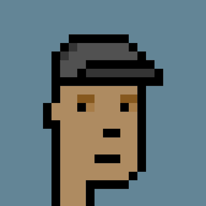 A pixel art illustration of a character's face with brown skin, brown eyes, and a dark gray head covering, set against a solid light blue background.