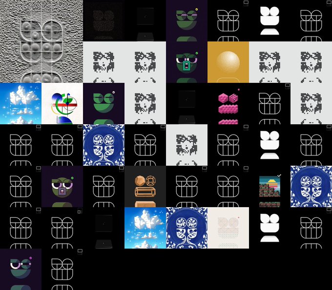 A grid collage of various digital artworks including glitch-style text and abstract designs on black backgrounds.