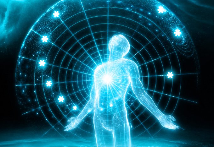 Digital art of a glowing blue human figure with a bright light at the heart, surrounded by an aura of geometric grid patterns and star symbols.