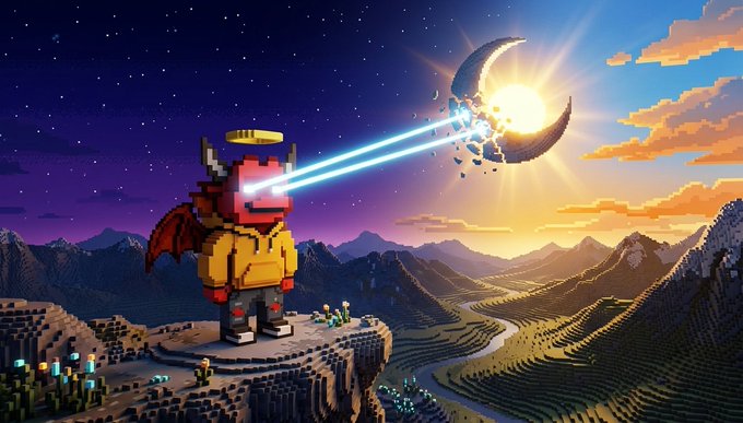 A pixel art scene showing a large yellow and red robot with devil wings standing on a blocky cliff, firing blue laser beams from its eyes at a crescent moon, with a blocky landscape stretching to the horizon.