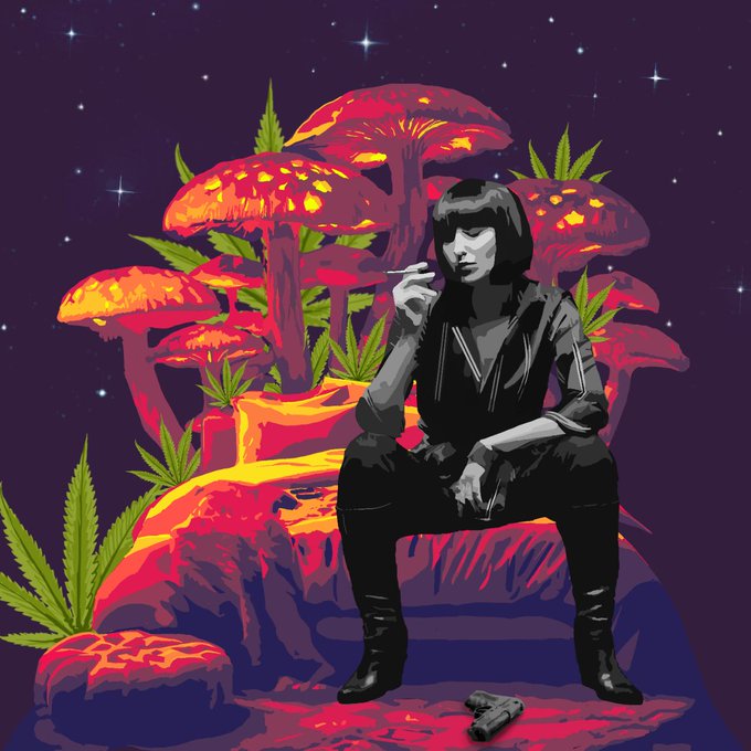 The image features a woman sitting on a rock, smoking a cigarette while surrounded by mushrooms. The background of the image is dark purple with stars scattered throughout, creating an otherworldly atmosphere. In the bottom right corner of the image, there's a gun lying on the ground. The caption reads "Forgive Others, Not Because They Deserve Forgiveness, But Because You Deserve Peace!"