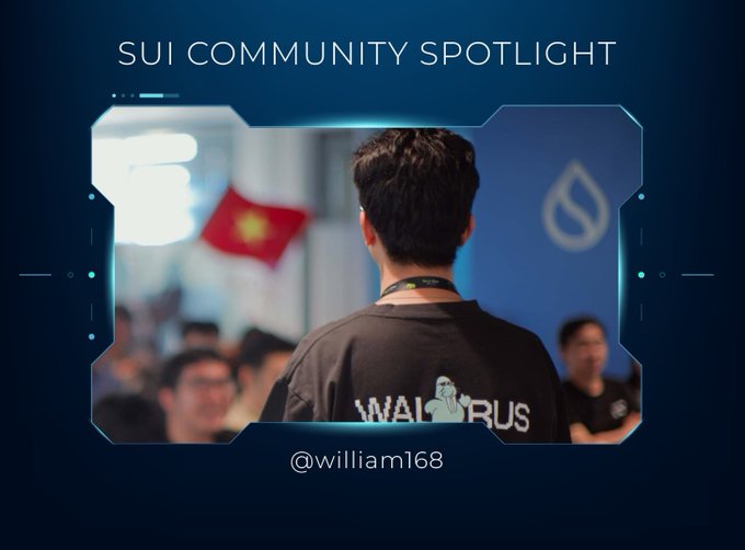 A "SUI COMMUNITY SPOTLIGHT" graphic highlighting user @willliam168, showing a person wearing a "WALLRUS" shirt facing away from the camera in what appears to be a community gathering.