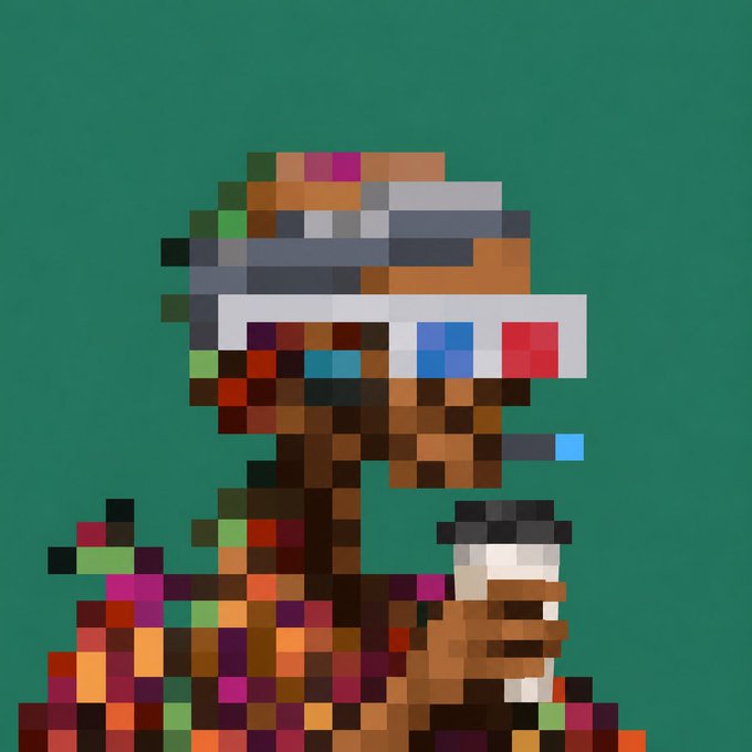 Pixel art style illustration of a person with multicolored skin tones wearing a VR-like headset, rendered in a blocky, mosaic aesthetic against a green background.