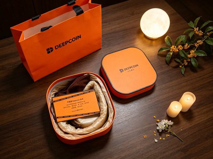 An orange-themed DEEPCOIN promotional gift set is displayed, including a branded shopping bag, a decorative tin box containing gold-colored coins labeled 'Deepcoin 0.0', along with a moon lamp and candles.