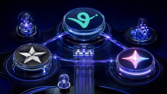 Futuristic 3D render showing interconnected glowing platforms with icons including a star, the Vega (XVG) logo, and a purple diamond shape on a dark blue background.