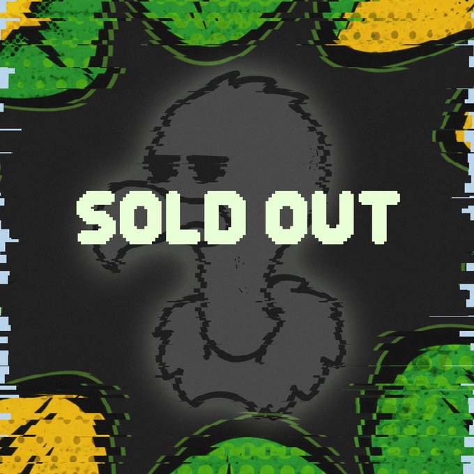 A pixelated black figure with a subtle smile is centered on a glitchy background of green and yellow patterns, overlaid with the bold text "SOLD OUT." This visually confirms the accompanying announcement that the NFT collection has completely sold out ahead of its upcoming reveal.