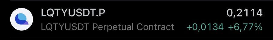 The image displays a trading widget for the LQTYUSDT.P (LQTY/USDT Perpetual Contract) at a price of 0.2114, showing a gain of +0.0134 (+6.77%) in green text, likely posted by @Ryker_Crypto to highlight the token's recent positive price movement.