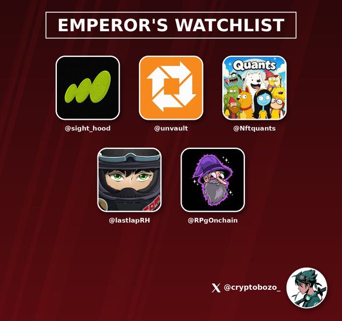 A graphic titled 'EMPEROR'S WATCHLIST' displays five social media handles with their profile icons: @sight_hood, @unvault, @Nftquants, @lastlapRH, and @RPgOnchain, branded with @cryptobozo_.