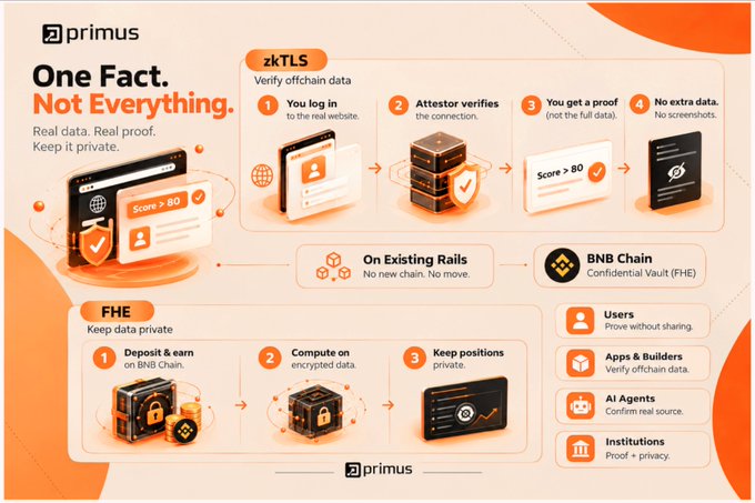 A Primus infographic explains “zkTLS” and “FHE” privacy workflows, including steps labeled “You log in,” “Attestor verifies,” “You get a proof,” “No extra data,” “Compute on encrypted data,” and “Keep positions private.”