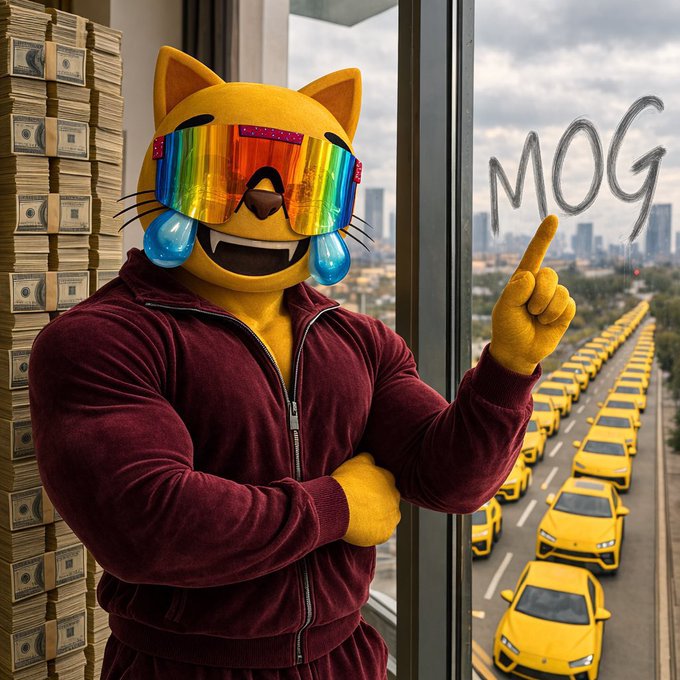 An AI-generated yellow cat character wearing rainbow reflective sunglasses and a maroon hoodie, pointing at the word "MOG" written on a window with stacks of cash and a line of yellow cars visible outside.