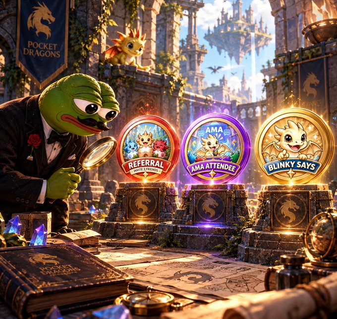 A fantasy scene featuring a Pepe-like frog character examining badges labeled 'REFERRAL,' 'AMA ATTENDEE,' and 'BLINKY SAYS' in a castle setting with 'POCKET DRAGONS' banners and books.