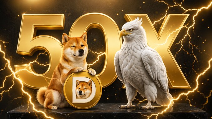 A Shiba Inu dog holding a Dogecoin coin sits next to a white eagle in front of large golden '50X' letters with lightning effects in the background.